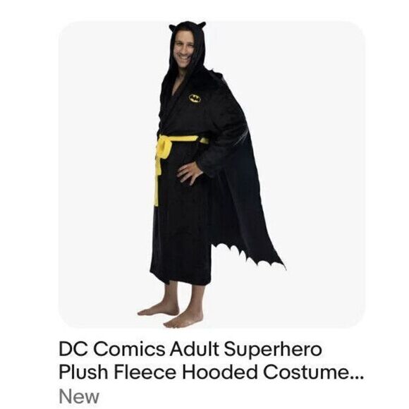 DC Comics Adult One Size Superhero Plush Fleece Mask Hooded Robe Logo Black Tie - Picture 16 of 16